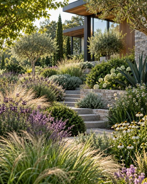Lush layered garden planting around a modern home