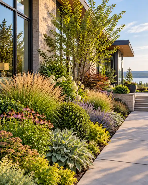 Layered planting beside a contemporary home