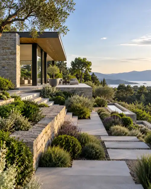 Layered landscape design beside a contemporary residence