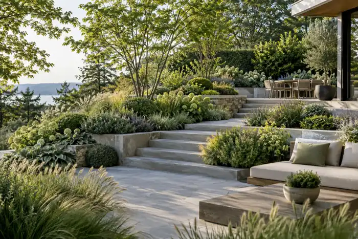 Modern garden terrace with layered planting