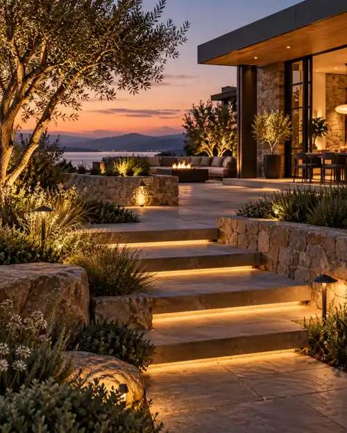 Outdoor space with warm evening lighting and detailed hardscape