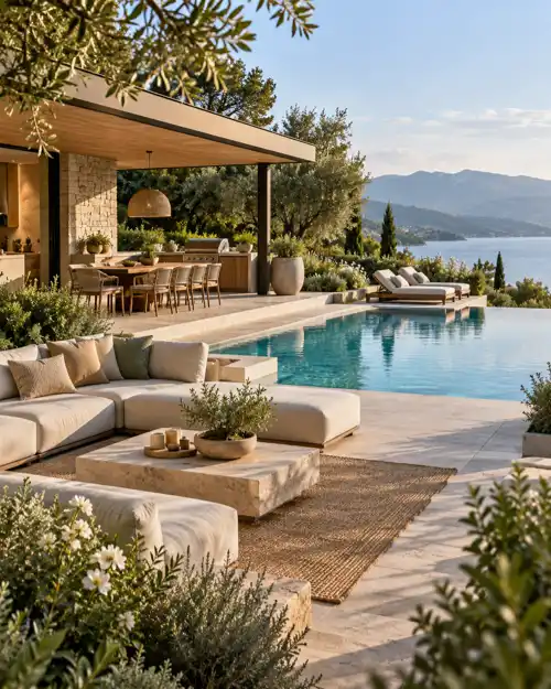Refined outdoor living terrace with pool and planting