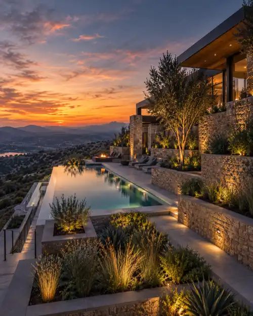 Contemporary pool terrace with tropical planting