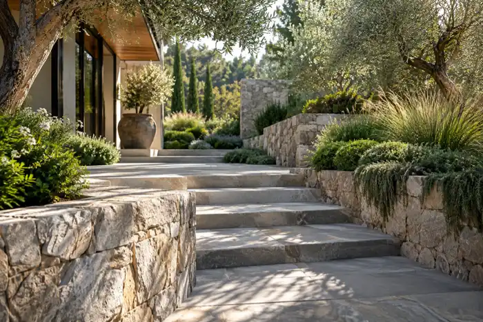 Landscape project with natural stone and greenery