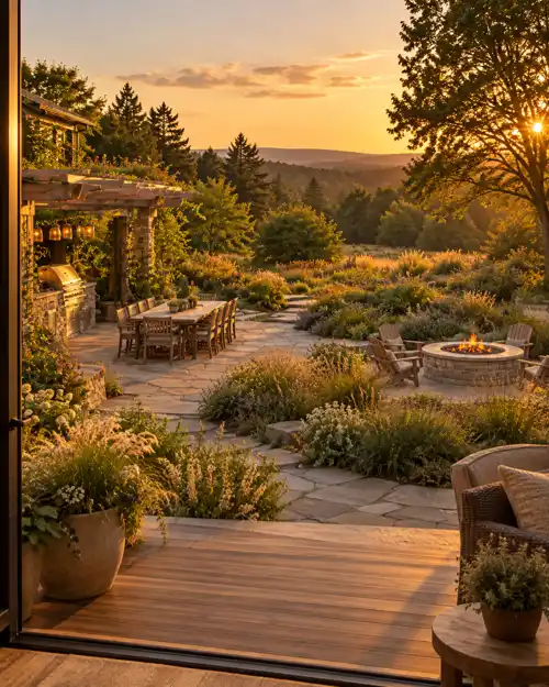 Warm modern outdoor living area at dusk