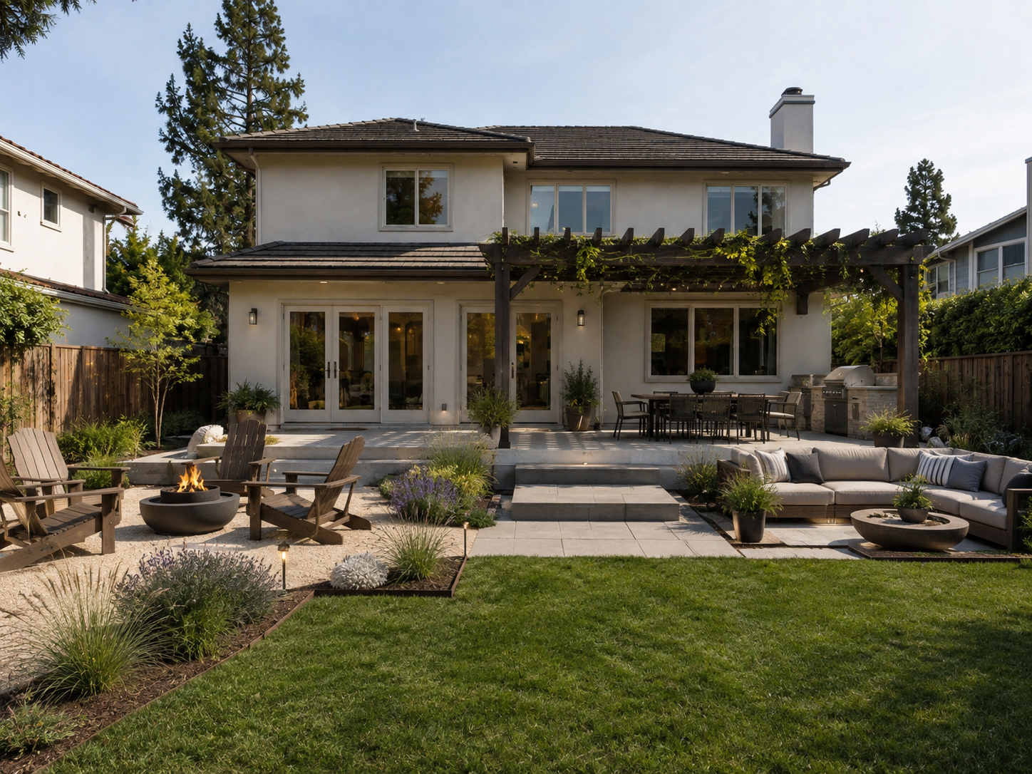 Same backyard transformed into a shaded outdoor living and entertaining space