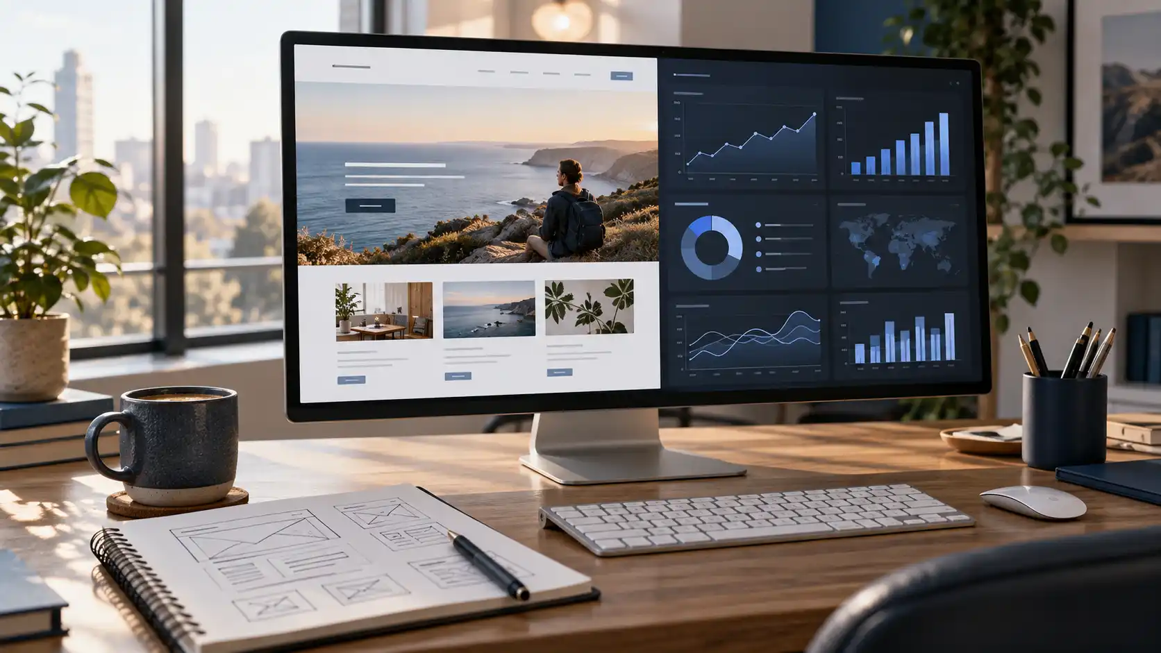 Small business website displayed alongside SEO performance analytics on a developer's monitor.
