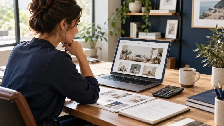 Small business owner reviewing website design costs and project proposals on a laptop.