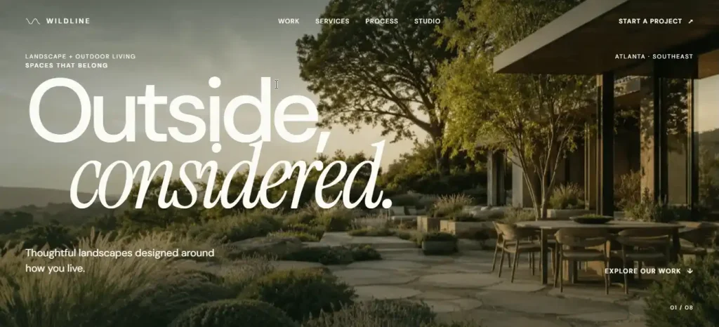 Wildline Studios landscape and outdoor living website homepage