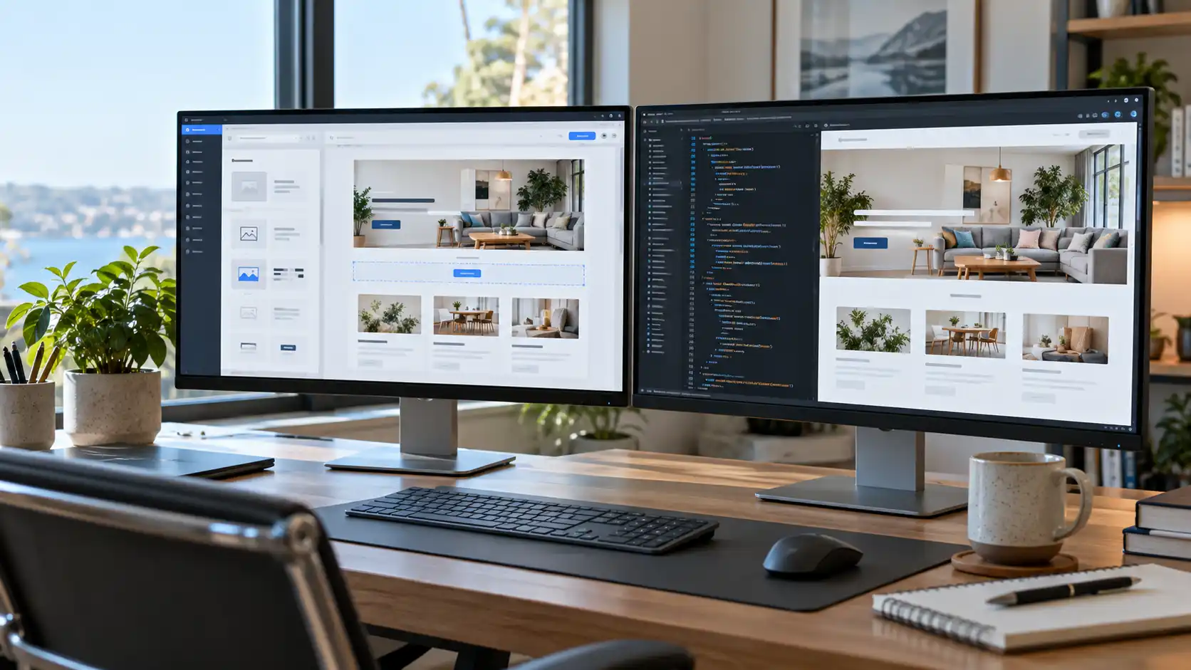 WordPress content editor and custom HTML code displayed on two monitors for website development comparison.